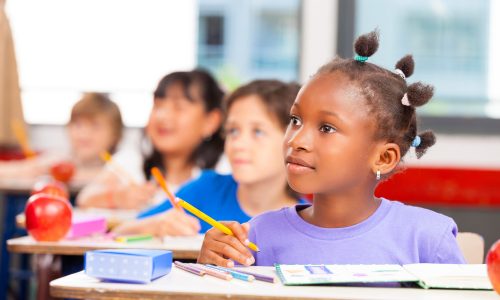Happy children in a multi ethnic elementary classroom.